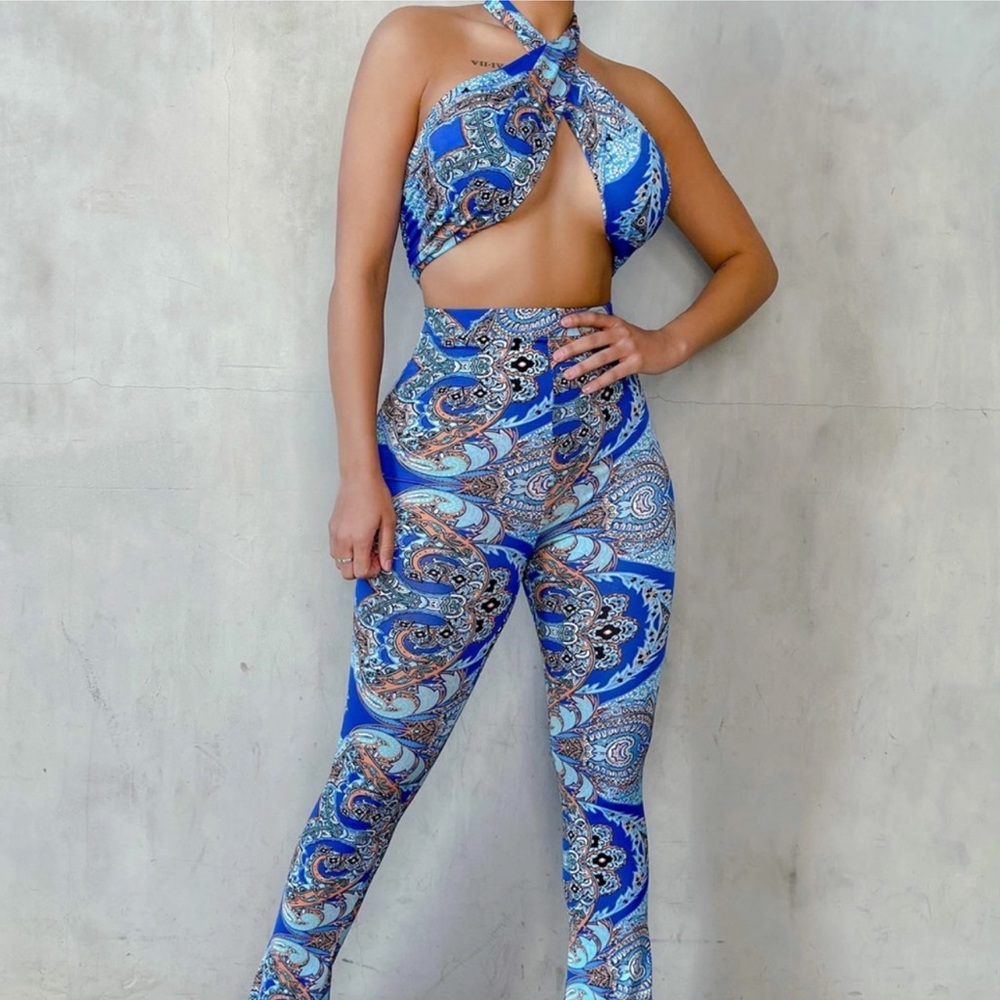 White Fox Boutique Blue Paisley Cutout Jumpsuit